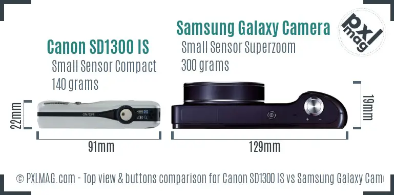 Canon SD1300 IS vs Samsung Galaxy Camera top view buttons comparison