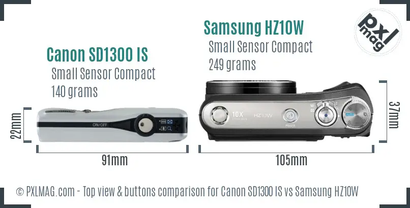 Canon SD1300 IS vs Samsung HZ10W top view buttons comparison Canon SD1300 IS vs Samsung HZ10W top view buttons comparison