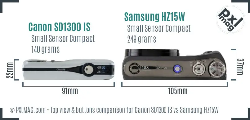Canon SD1300 IS vs Samsung HZ15W top view buttons comparison