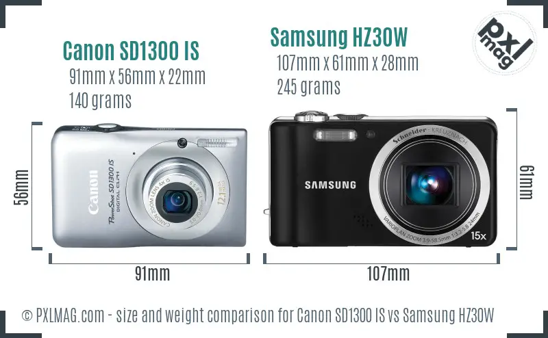 Canon SD1300 IS vs Samsung HZ30W size comparison