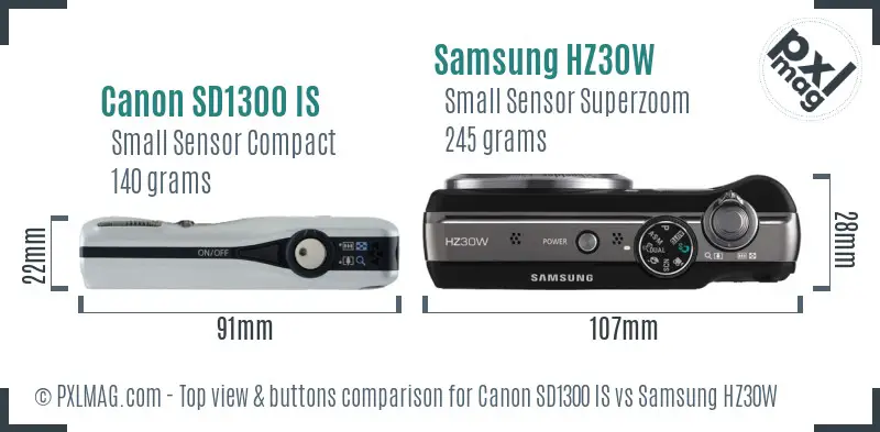 Canon SD1300 IS vs Samsung HZ30W top view buttons comparison