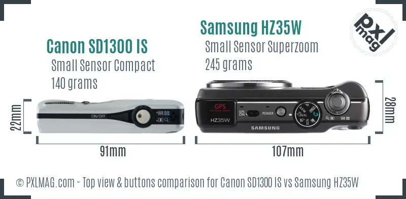 Canon SD1300 IS vs Samsung HZ35W top view buttons comparison