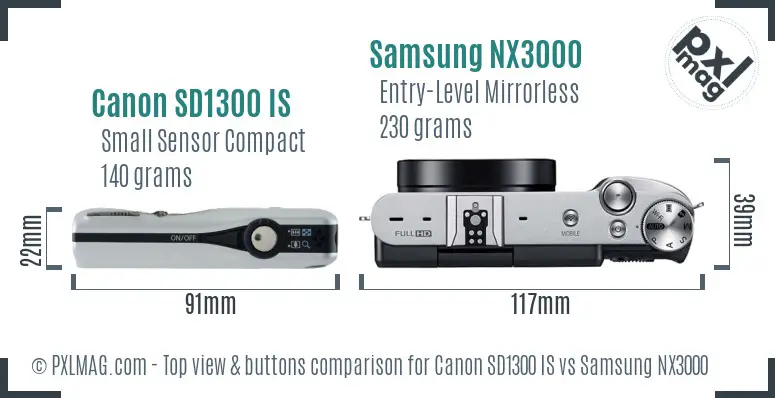 Canon SD1300 IS vs Samsung NX3000 top view buttons comparison