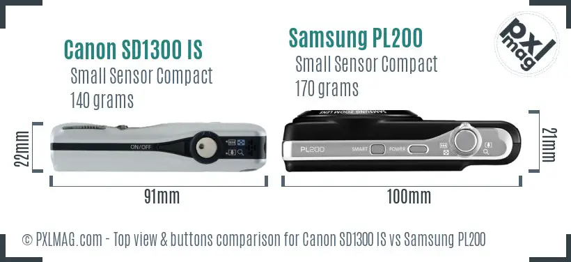 Canon SD1300 IS vs Samsung PL200 top view buttons comparison