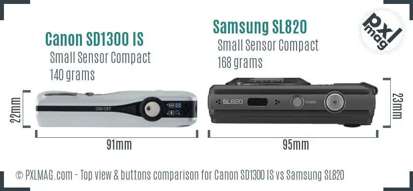 Canon SD1300 IS vs Samsung SL820 top view buttons comparison