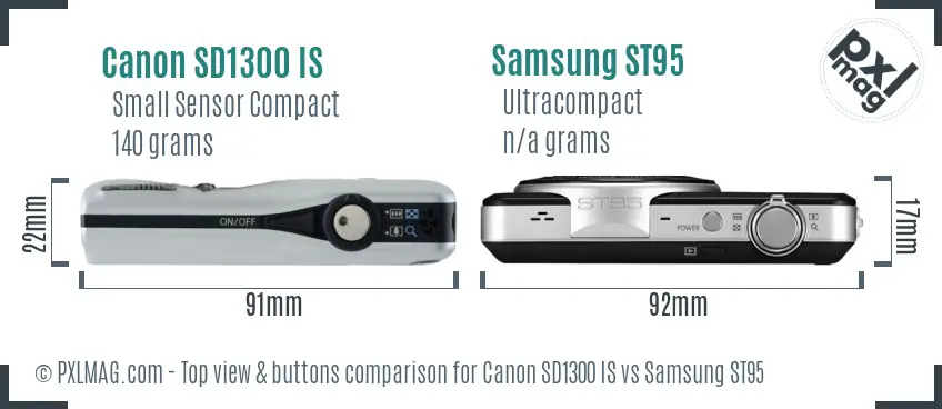 Canon SD1300 IS vs Samsung ST95 top view buttons comparison