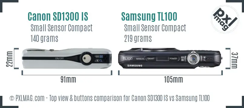 Canon SD1300 IS vs Samsung TL100 top view buttons comparison