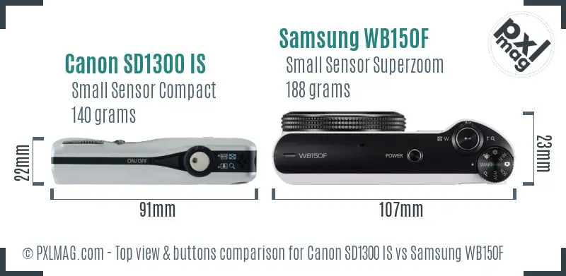 Canon SD1300 IS vs Samsung WB150F top view buttons comparison Canon SD1300 IS vs Samsung WB150F top view buttons comparison