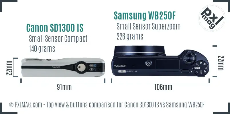 Canon SD1300 IS vs Samsung WB250F top view buttons comparison Canon SD1300 IS vs Samsung WB250F top view buttons comparison
