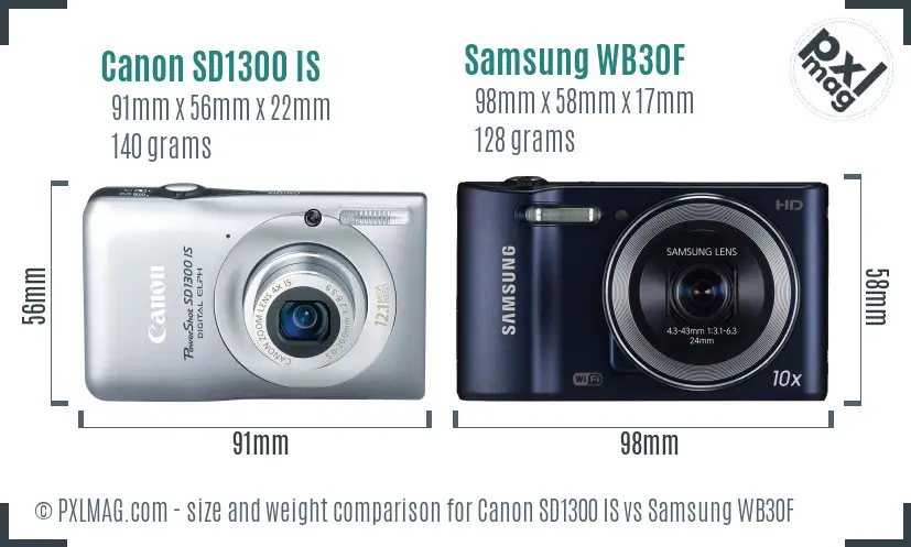 Canon SD1300 IS vs Samsung WB30F size comparison