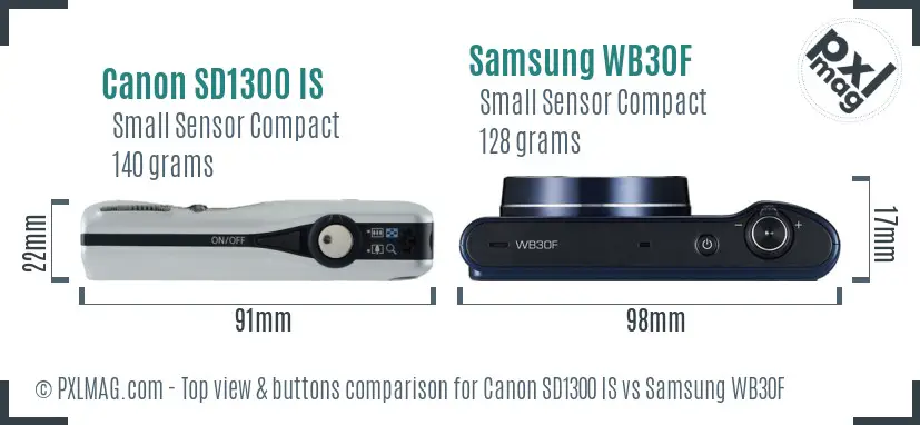 Canon SD1300 IS vs Samsung WB30F top view buttons comparison