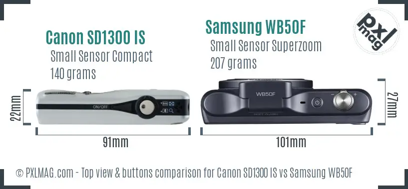 Canon SD1300 IS vs Samsung WB50F top view buttons comparison