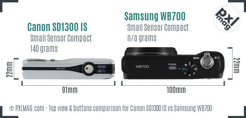 Canon SD1300 IS vs Samsung WB700 top view buttons comparison Canon SD1300 IS vs Samsung WB700 top view buttons comparison