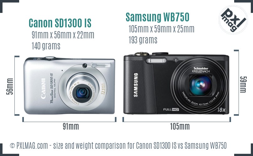 Canon SD1300 IS vs Samsung WB750 size comparison Canon SD1300 IS vs Samsung WB750 size comparison