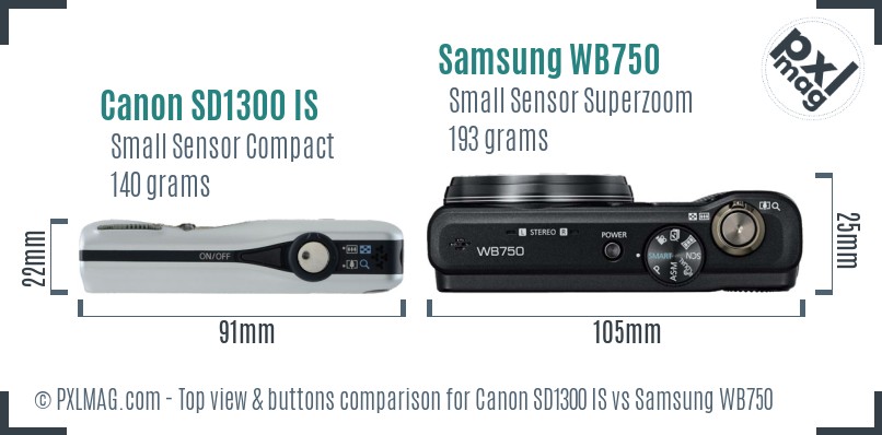 Canon SD1300 IS vs Samsung WB750 top view buttons comparison