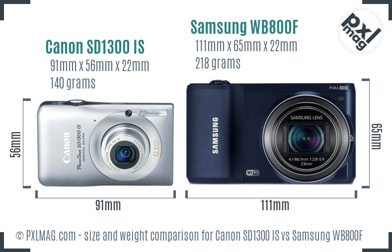 Canon SD1300 IS vs Samsung WB800F size comparison