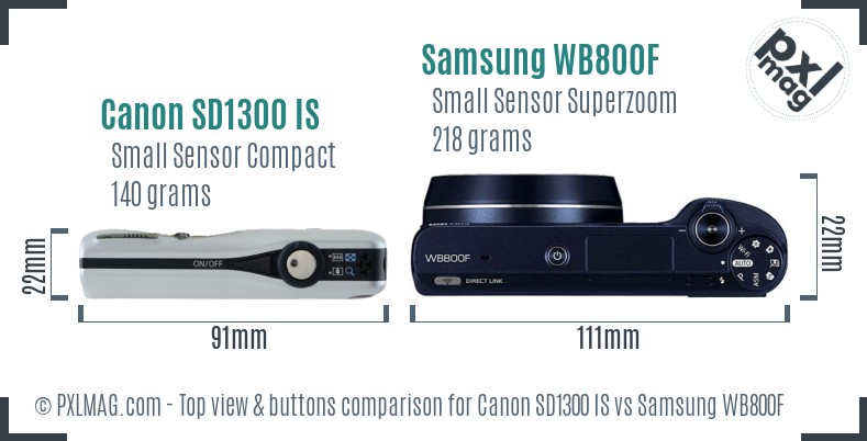 Canon SD1300 IS vs Samsung WB800F top view buttons comparison