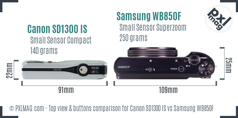 Canon SD1300 IS vs Samsung WB850F top view buttons comparison