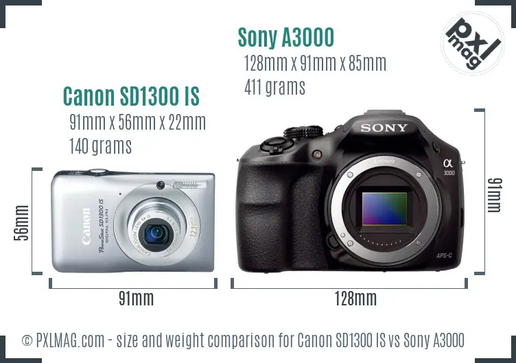 Canon SD1300 IS vs Sony A3000 size comparison