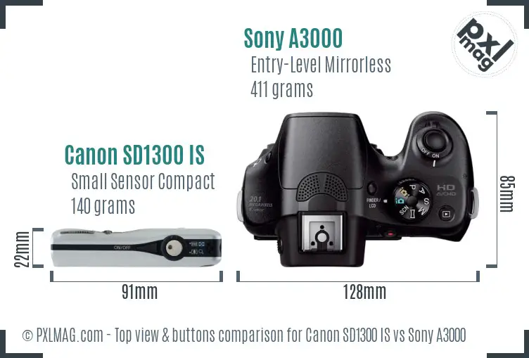 Canon SD1300 IS vs Sony A3000 top view buttons comparison