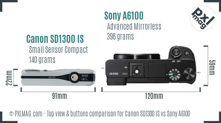 Canon SD1300 IS vs Sony A6100 top view buttons comparison