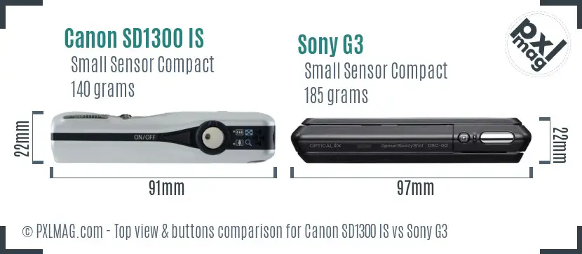 Canon SD1300 IS vs Sony G3 top view buttons comparison Canon SD1300 IS vs Sony G3 top view buttons comparison