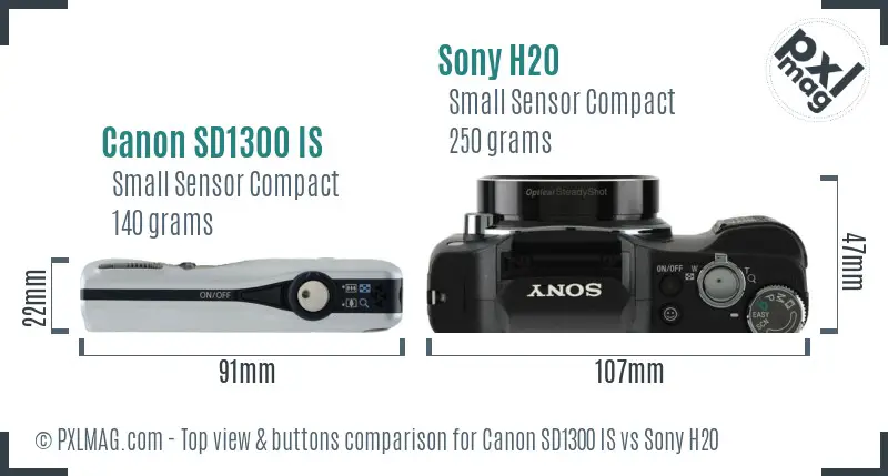 Canon SD1300 IS vs Sony H20 top view buttons comparison