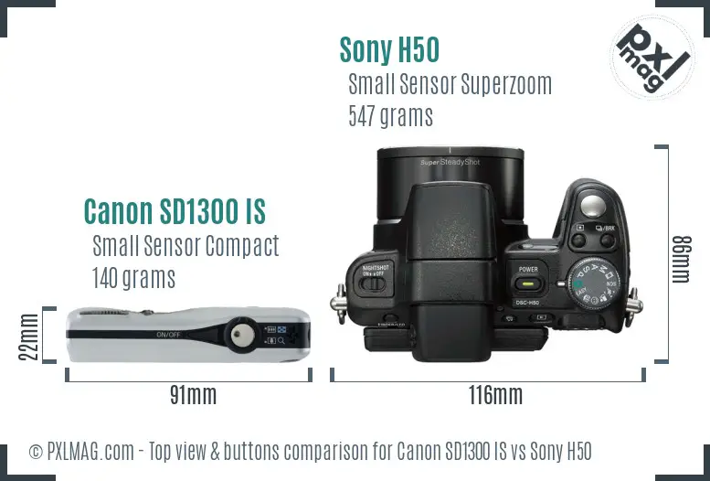 Canon SD1300 IS vs Sony H50 top view buttons comparison