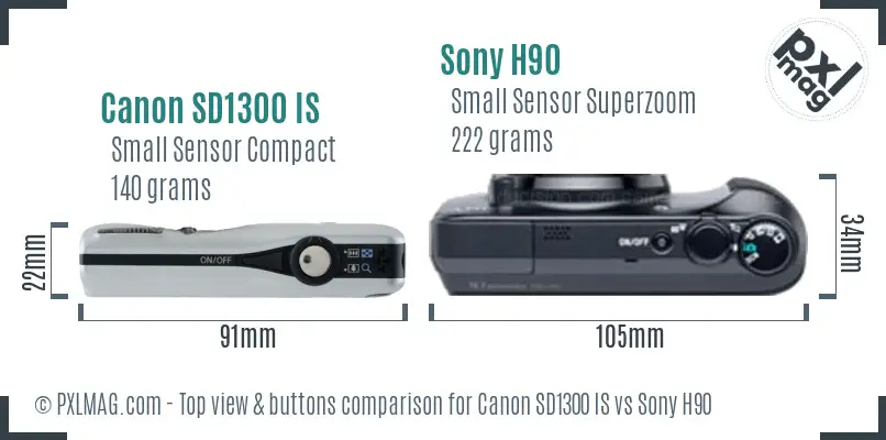 Canon SD1300 IS vs Sony H90 top view buttons comparison