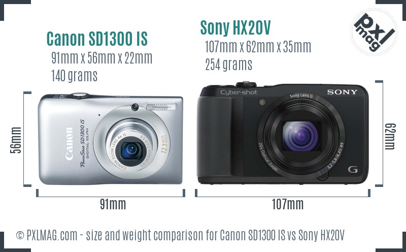 Canon SD1300 IS vs Sony HX20V size comparison