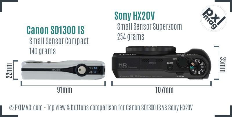 Canon SD1300 IS vs Sony HX20V top view buttons comparison