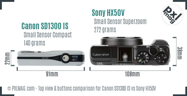 Canon SD1300 IS vs Sony HX50V top view buttons comparison Canon SD1300 IS vs Sony HX50V top view buttons comparison