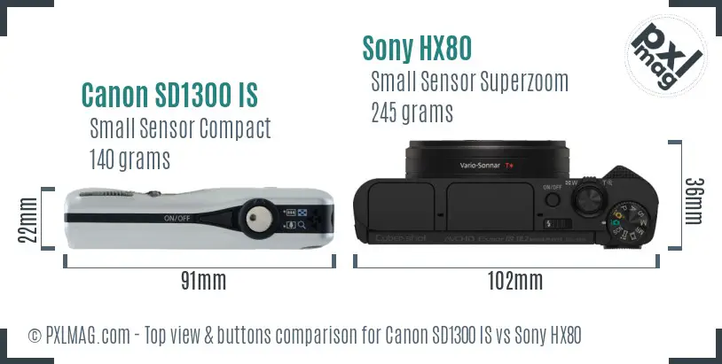 Canon SD1300 IS vs Sony HX80 top view buttons comparison
