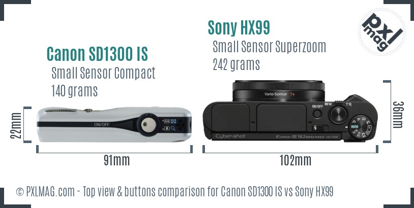 Canon SD1300 IS vs Sony HX99 top view buttons comparison