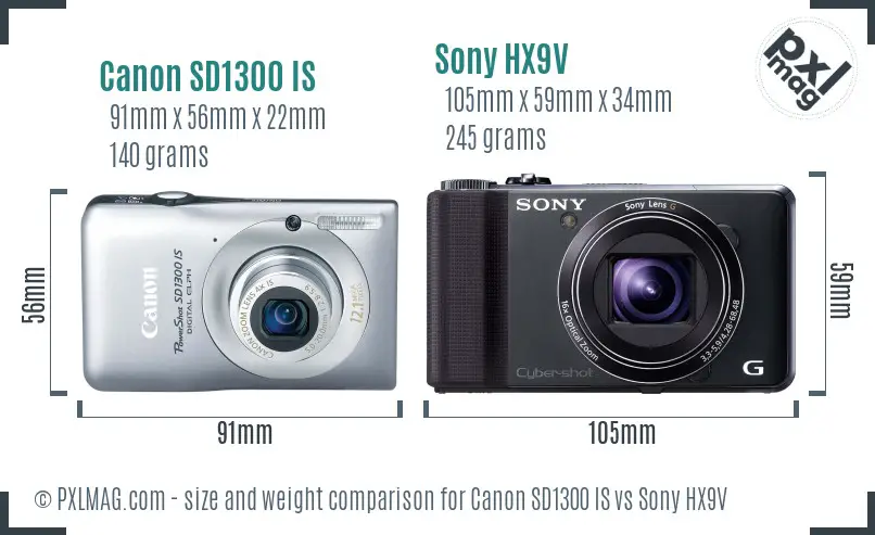 Canon SD1300 IS vs Sony HX9V size comparison