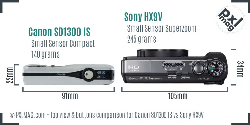Canon SD1300 IS vs Sony HX9V top view buttons comparison