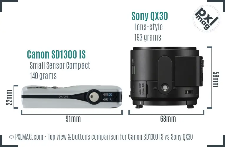 Canon SD1300 IS vs Sony QX30 top view buttons comparison