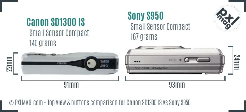 Canon SD1300 IS vs Sony S950 top view buttons comparison Canon SD1300 IS vs Sony S950 top view buttons comparison