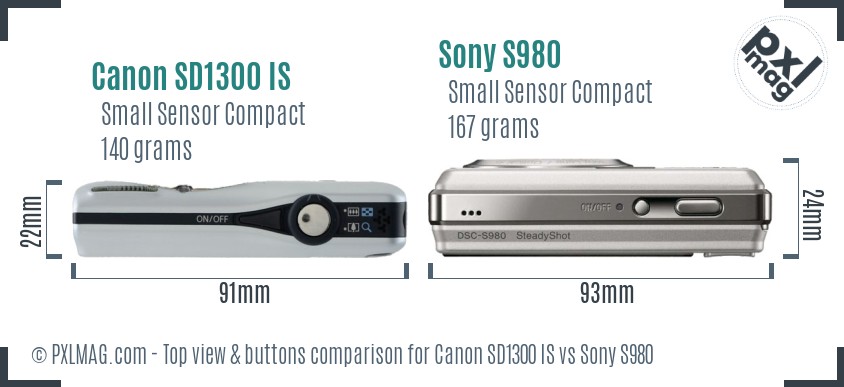 Canon SD1300 IS vs Sony S980 top view buttons comparison