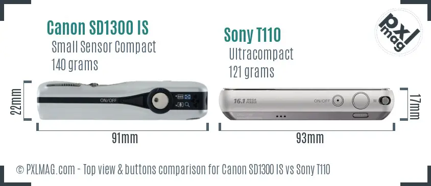 Canon SD1300 IS vs Sony T110 top view buttons comparison