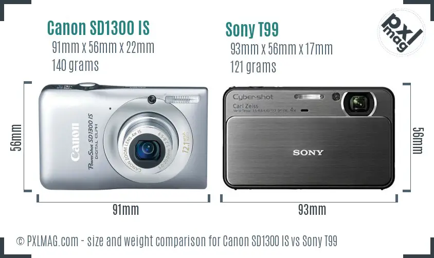 Canon SD1300 IS vs Sony T99 size comparison