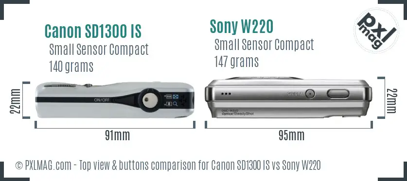 Canon SD1300 IS vs Sony W220 top view buttons comparison