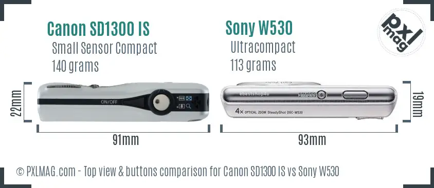 Canon SD1300 IS vs Sony W530 top view buttons comparison