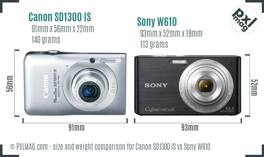 Canon SD1300 IS vs Sony W610 size comparison