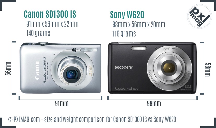 Canon SD1300 IS vs Sony W620 size comparison
