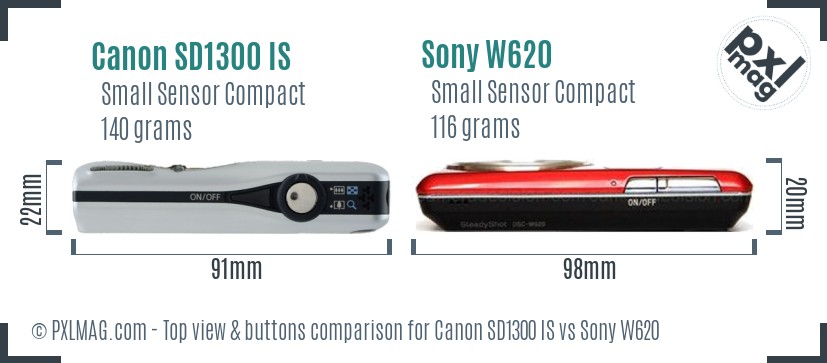 Canon SD1300 IS vs Sony W620 top view buttons comparison