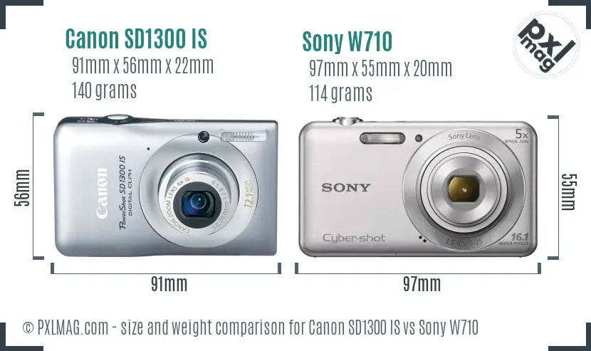 Canon SD1300 IS vs Sony W710 size comparison