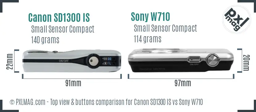 Canon SD1300 IS vs Sony W710 top view buttons comparison