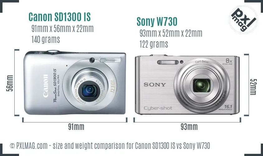 Canon SD1300 IS vs Sony W730 size comparison