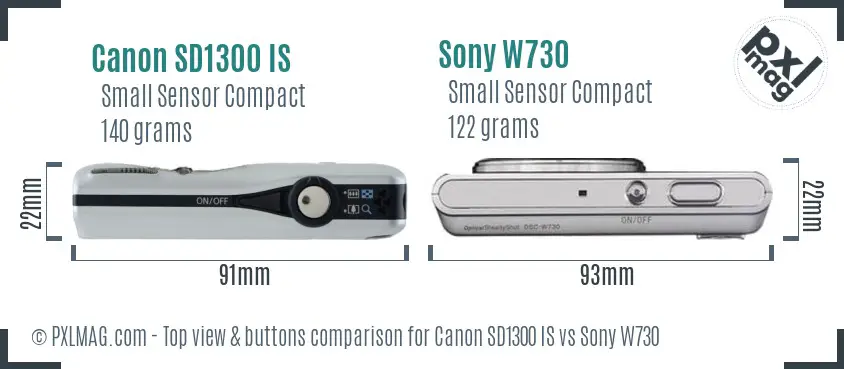 Canon SD1300 IS vs Sony W730 top view buttons comparison
